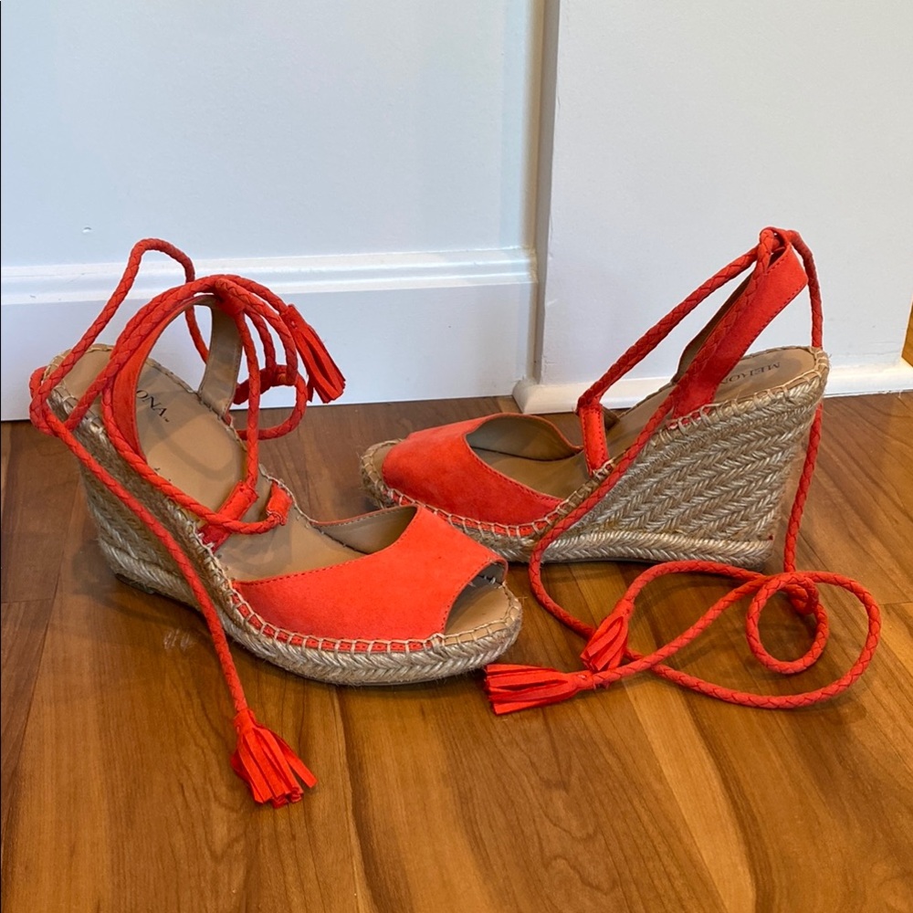 Merona Orange Pink Espadrille Wedge Sandals lace up ankle straps